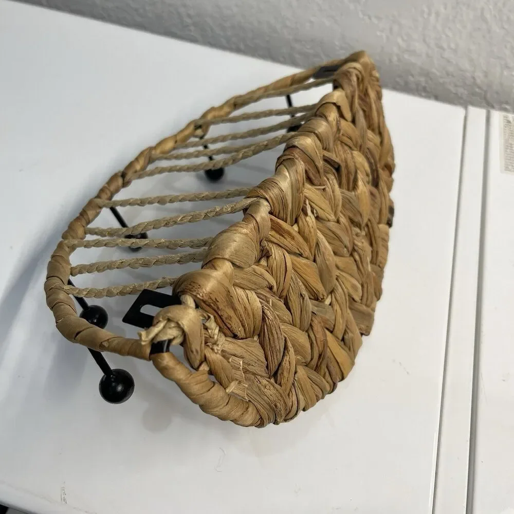 Woven Natural Water Hyacinth & Metal Wall Shelf w/ 5 Pegs, Used